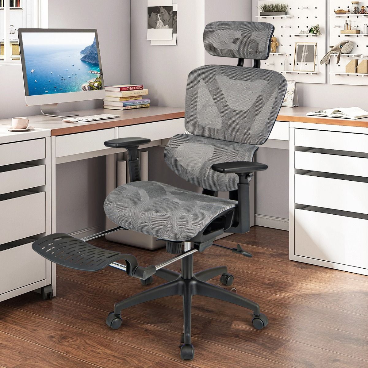 Mesh Office Chair with Retractable Footrest and Waterfall Seat
